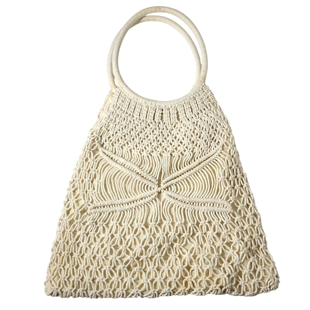 Vintage cream woven macrame boho hobo handbag